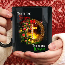 Christmas Wreath Jesus Black Mug - Cross Symbol Gift Mug