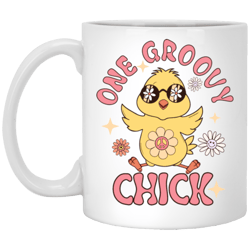 Mug 11oz Gift, Easter Gift, Chicken Lover, One Groovy Chick Gift, Retro Style White Mug