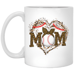 Mug 11oz Gift, Funny Baseball Mom, Leopard Heart Mom, Ball Sport Lover Gift, Leopard Baseball White Mug