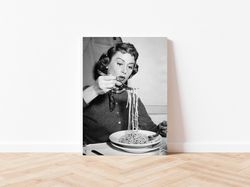 vintage woman eating pasta black & white old retro photography restaurant kitchen diner wall art decor canvas frame prin