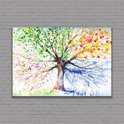 Seasons Canvas Wall Art, Four seasons Colorful Tree Art, Large Size Art Canvas Painting, Abstract Tree Print, Farmhouse