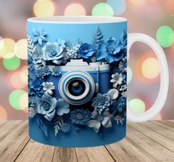 3d photo camera mug, 11oz and 15oz mug, mug sublimation design, flowers