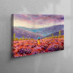 3d canvas, canvas decor, canvas home decor, woman in flower field painting, view 3d canvas, spring landscape canvas,