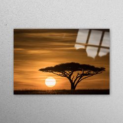 Glass Wall Art, Wall Decoration, Glass Printing, Serengeti Sunrise Landscape, Tree Landscape Glass Decor, Nature Landsca