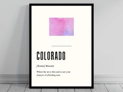 Funny Colorado Definition Print  Colorado Canvas  Minimalist State Map  Watercolor State Silhouette  Modern Travel  Word