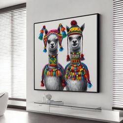 Colorful Llama Art Animal Print From Painting Alpaca, Extra Large Wall Art, Wall Art Canvas Design, Framed Canvas Ready