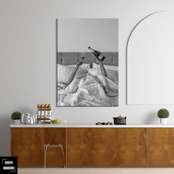 Woman Drinking Wine In Bed Canvas Art, Feminist Poster, Black And White, Alcohol Wall Art, Bar Cart Print, Girl Room Dco