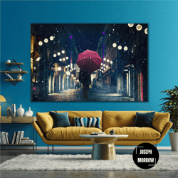 Man Walking Rain With Red Umbrella Roll Up Canvas, Stretched Canvas Art, Framed Wall Art Painting