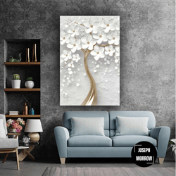 Pearl Flowering Tree With Golden Branches Modern Decorative Roll Up Canvas, Stretched Canvas Art, Framed Wall Art Painti