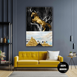 Raised Gold Horse Gold Marble Decorative Modern Roll Up Canvas, Stretched Canvas Art, Framed Wall Art Painting