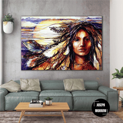 Red Skin Woman Ethnic Dress Traditional With Oil Painting Effect Roll Up Canvas, Stretched Canvas Art, Framed Wall Art P