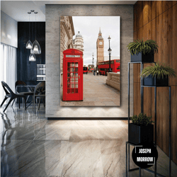 red telephone box wall art, clock tower canvas art, london city wall decor, roll up canvas, stretched canvas art, framed