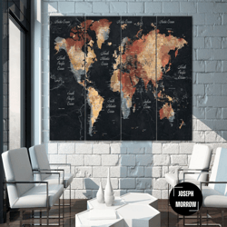 Large Original Travel Push Pin World Map Brown Map On Black Background Print Original Decor Modern Photo Arts Wall Black