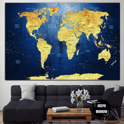 Push Pin World Map Wall Art Navy Blue Print Gold Map Art Multi Panel Print Wall Decor