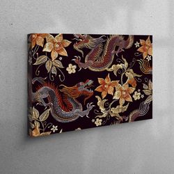 Canvas Print, Canvas Gift, Wall Art, Flowers Dragons Wall Decor, Chinese Dragon Canvas Gift, Japanese Pattern Printed, D