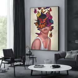 Girl And Butterflies Canvas, Abstract Woman Wall Poster, Modern Home Decor, Wall Art Canvas Design, Framed Canvas Ready