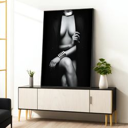 Woman In Sexy Jacket Canvas Painting, Sexy Girl Canvas Wall Art, Modern Woman Canvas Painting, Erotic Woman Canvas Art,