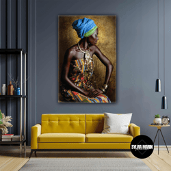 African Woman Gold Bracelet Earring Scarf Ethnic Dress Roll Up Canvas, Stretched Canvas Art, Framed Wall Art Painting