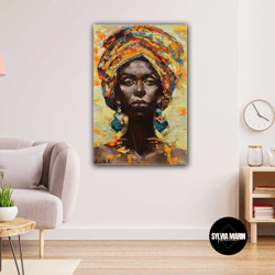 African Woman Traditional Dress With Colorful Earrings Oil Painting Effect Roll Up Canvas, Stretched Canvas Art, Framed