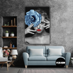 Blue Rose Woman Model Makeup Flower With Red Lipstick Roll Up Canvas, Stretched Canvas Art, Framed Wall Art Painting