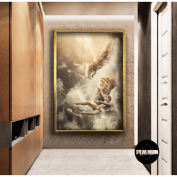 Angel Falling From The Clouds With Wings Canvas Painting, Surrealist Wall Decoration, Wall Art Canvas, Ready To Hang Can