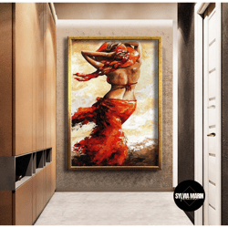 Dancing Woman Abstract Design Canvas Print, Oriental Woman In Red Skirt, Wall Art Canvas, Ready To Hang Canvas Painting,