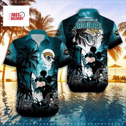 Dark Blue Beach Shirt Printed With Mouse, Coconut Tree And Tropical Leaves