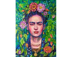 Frida Kahlo floral portrait original painting Frida painting pink green purle art flowers