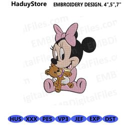 baby minnie mouse with teddy bear embroidery design, pes, ds