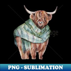 Cute Scottish Highland Cow With Green Plaid Scarf Heifer - Premium PNG Sublimation File - Vibrant and Eye-Catching Typography