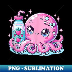 Cute Japanese Kawaii Style Octopus Drinking Strawberry Milk - Premium PNG Sublimation File - Unlock Vibrant Sublimation Designs