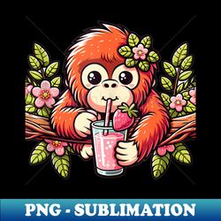 Cute Kawaii Style Orangutan Drinking Strawberry Milk - Retro PNG Sublimation Digital Download - Unlock Vibrant Sublimation Designs