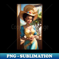black woman with big hat and flowers on it with braided hair and circle jewelry in blue yellow dress on safari background - instant sublimation digital download - fashionable and fearless