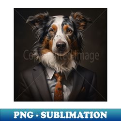 Australian Shepherd Dog in Suit - Elegant Sublimation PNG Download - Vibrant and Eye-Catching Typography