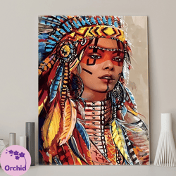Colorful Indian Girl Canvas Wall Art,native American Headband Print,bohemian Tribal Decor,southwestern Contemporary Port