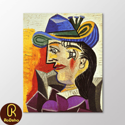 woman with a blue hat by pablo picasso canvas wall art
