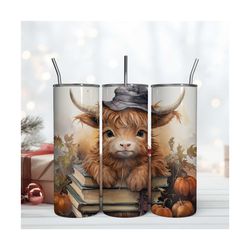 Highland Cow On Book Tumbler Wrap Seamless Sublimation PNG, 20 oz Skinny Tumbler Wrap