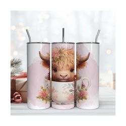 Baby Highland Cow In Flower Cup 20Oz Skinny Tumbler