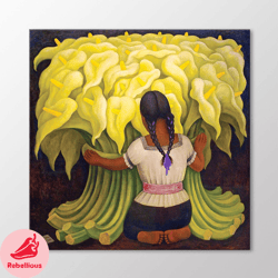 The Flower Seller by Diego Rivera Canvas Wall Art, Girl with Lilies Art Print, Floral Wall Decoration, Extra Large Canva