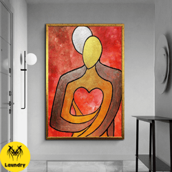 surreal couple canvas wall art, hugging couple canvas wall art, woman holding heart canvas wall art, valentine gift