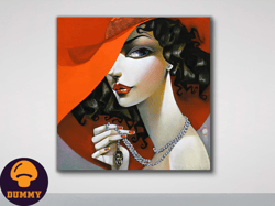 woman with a red hat and necklace,art, painting, woman, red hat, necklace, elegance, style, mystery, allure, portrait, c
