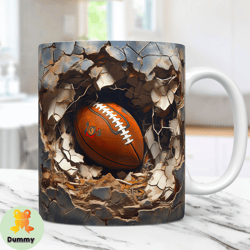 3d football mug wrap, 3d cracked hole american football mug wrap sublimation design, 3d football 11oz and 15oz sport mug