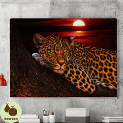 Leopard Wall Art, Leopard Canvas Wall Art Painting In Sunset Landscape, Canvas Wall Decor, Wildlife Poster, Wall Decor,