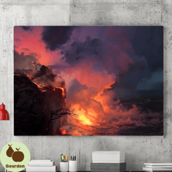 Red Hot Sky Canvas Wall Art Painting, Canvas Poster, Lava Flow Photo Art, Lava Flow Art, Volcanic Eruption Art Poster, W