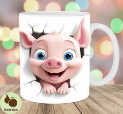 3D Baby Pig Mug Wrap, 11oz And 15oz Mug Template, Hole In A Wall Mug Sublimation Design, Piglet Mug Template, Instant Di