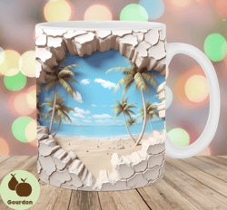 3D Beach Hole In A Wall Mug Wrap, 11oz  15oz Mug Template, Mug Sublimation Design, Ocean Landscape Mug Wrap Template, Di
