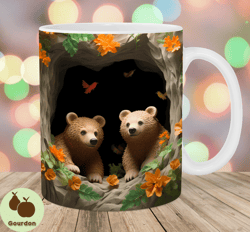 3d bears hole in a wall mug wrap, 11oz  15oz mug template, mug sublimation design, flowers mug wrap template, instant di