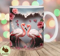 3D Flamingo Hole In A Wall Mug Wrap, 11oz  15oz Mug Template, Mug Sublimation Design, Heart Mug Wrap Template, Instant D