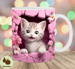 3D Kitten Hole In A Wall Mug Wrap, 11oz  15oz Mug Template, Sublimation Design, Pink Flowers Mug Template, Instant Digit