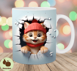 3D Kitten Mug Wrap, 11oz  15oz Mug Template, Hole In A Wall Mug Sublimation Design, Snow Mug Wrap Template, Instant Digi